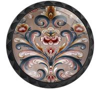 Artinhand 4 Pack Norwegian Rosemaling Folk Style Floral Cabinet Knobs Round Drawer Pulls Black Dresser Knob Cupboard Door Handles Hardware for Kitchen Bathroom Cabinets