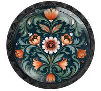 Artinhand 4 Pack Norwegian Rosemaling Folk Style Green Flower Cabinet Knobs Round Drawer Pulls Black Dresser Knob Cupboard Door Handles Hardware for Kitchen Bathroom Cabinets