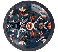Artinhand 4 Pack Norwegian Rosemaling Folk Style Kitchen Cabinet Knobs Round Drawer Pulls Black Dresser Cupboard Door Handles