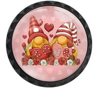 Artinhand 4 Pack Pink and Red Heart Love Gnome Cabinet Knobs Round Drawer Pulls Black Dresser Knob Cupboard Door Handles Hardware for Kitchen Bathroom Cabinets