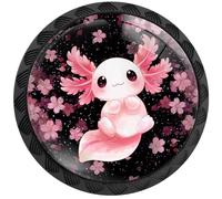Artinhand 4 Pack Pink Axolotl with Cherry Blossom Cabinet Knobs Round Drawer Pulls Cute Dresser Knob Cupboard Door Handles Hardware for Kitchen Bathroom Cabinets