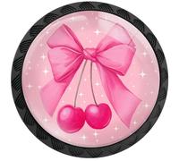 Artinhand 4 Pack Pink Coquette Bow Cherries Cabinet Knobs Round Drawer Pulls Black Dresser Knob Cupboard Door Handles Hardware for Kitchen Bathroom Cabinets
