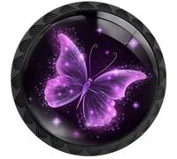 Artinhand 4 Pack Sparkling Purple Butterfly Cabinet Knobs Round Drawer Pulls Purple Butterfly Knob Cupboard Door Handles Hardware for Kitchen Bathroom Cabinets