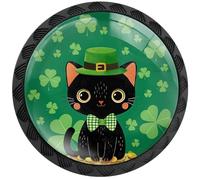 Artinhand 4 Pack St. Patrick's Day Green Shamrock Clover Black Cat Irish Cabinet Knobs Round Drawer Pulls Black Dresser Knob Cupboard Door Handles Hardware for Kitchen Bathroom Cabinets
