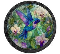 Artinhand 4 Pack Stained Glass Purple Hummingbird Cabinet Knobs Round Drawer Pulls Black Dresser Knob Cupboard Door Handles Hardware for Kitchen Bathroom Cabinets
