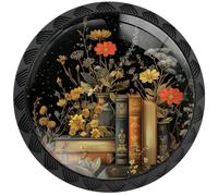 Artinhand 4 Pack Vintage Botanical Book Flowers Cabinet Knobs Round Drawer Pulls Black Dresser Knob Cupboard Door Handles Hardware for Kitchen Bathroom Cabinets