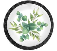 Artinhand 4 Pack Watercolor Green Eucalyptus Leaves and Branches Cabinet Knobs Round Drawer Pulls Black Dresser Knob Cupboard Door Handles Hardware for Kitchen Bathroom Cabinets