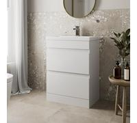 Artis 600mm Bathroom Vanity Unit With Wash Basin Ceramic Sink, 2 Drawer, Cloakroom Storage Furniture Under Basin Cabinet, Floorstanding Cabinets, White Gloss