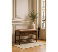 Artisan Furniture Solid Wood Bamboo Carved Storage, 2-Drawers, 1 Open-Shelf, Upholstered Tan And Brown