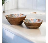 Artisan Furniture Solid Wood Floral Bird Bowl Set Of 2, Brown