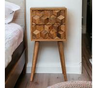 Artisan Furniture Solid Wood Mini Cube Carved 2 Drawer Bedside, Brown