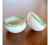 Artisan Mezcal Clay Cups | Handcrafted Copitas | The Proper Traditional Vessel for Mezcal and Tequila and other Agave Spirits| Made in the USA | Set of 2 (White with Green Rim)
