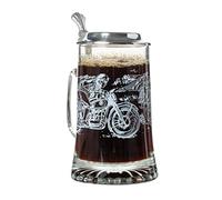 Artisan Owl Glass Motorcycle Etched Design Beer Stein with Metal Lid and Thumb Lift