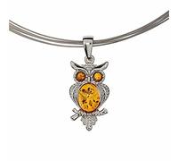 Artisana-Schmuck Amber Owl Pendant (without Chain), Set in Rhodium-Plated 925/000 Sterling Silver, Rhodium-plated 925/000 sterling silver Baltic Amber, Amber