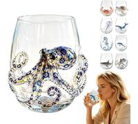 Artisanal Blue Ringed Octopus Glassware, 12 Oz 2D Printing Octopuses Stemless Wine Glasses, Sea Turtle Handcrafted Marine Animal Bar Glass for Coastal Home Decor Ocean Lovers (Octopus)