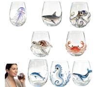Artisanal Blue Ringed Octopus Glassware,3D Ocean Glass Wine Glass,Set3