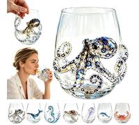 Artisanal Blue Ringed Octopus Glassware,3D Octopuses Stemless Wine Glasses,Handcrafted Marine Animal Bar Glass,Ocean Animals Borosilicate Tumbler,Coastal Home Decor Gift for Ocean Lovers
