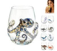 Artisanal Blue Ringed Octopus Glassware, Unique Ocean Octopus Stemless Wine Glasses, Handmade Marine Animals Drinking Glass, Coastal Home Bar Decor Gift for Ocean Lovers (#A)