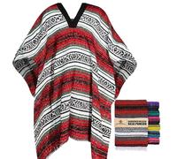 Artisans Bazaar Traditional Mexican Baja Poncho Men and Women Authentic Gaban Serape Sarape Blanket Pancho Jorongo Cowboy, Red, One Size