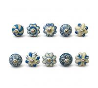 ARTISNO Ceramic Knobs for Cabinets - Set of 10 Decorative White and Blue Round Ceramic Knobs for Home Kitchen Cabinet Drawer | Elegant Handmade Wardrobe and Dresser Pulls