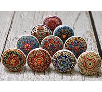 ARTISNO Ceramic Knobs for Cabinets - Set of 10 Multicolor Mandala Design Round Ceramic Knobs Hand Painted Boho Kitchen Cabinet Drawer Knobs | Glossy Wardrobe and Dresser Pulls (1.5-Inch Diameter)