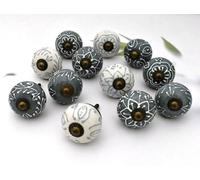 ARTISNO Ceramic Knobs for Cabinets - Set of 12 Decorative Grey and White Floral Hand Painted Ceramic Knobs for Home Kitchen Cabinet Drawer Wardrobe and Dresser Pulls with Glossy Finish