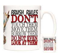 Artist Gift Mug, Brush Rules. 11oz White Ceramic Mug for Artists with Picture of Paint Brushes in a Jar