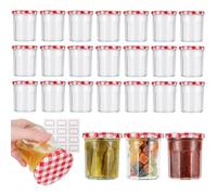 Artist Hand 24 Pack Jam Jars with Lids 200ml/7oz, Wide Mouth Glass Jam Jars Honey Jars Pickles Chutneys Storage with Red Gingham Screw Lids, 24 Labels Included