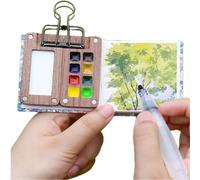 Artist Pocket Mini Watercolor Palette Travel Paint Set with 8 grids Wood Palette Box, Mini Sketchbook, 3 Watercolor Pens and a Clip