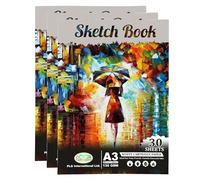 Artist Sketchbook - 130gsm Acid-Free White Cartridge Paper (30 Sheets) Center-Pinned Soft Cover Drawing & Painting Pad for Sketching, Illustration, Charcoal, Pastels & Ink Pens (Pack of 3)