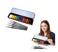 Artist Watercolour Paint Tin & Brush Set | 12,18 or 36 Colour Blocks in Metal Case with 5 Round Brushes | Complete Painting Kit for Artists, Students & Hobby Painters (1, 12 Paints Kit + Brushes Set)