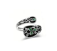 Artistic Adjustable Spoon Shaped Rings with Green Marble Leaves Designs Vintage Styles Jewelry Art Nouveau Spoon Rings Nature Inspired Adjustable