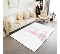 Artistic Alphabet Kids Area Rug,Letter E Watercolor Flower Plant Indoor Floor Mat Entrance Rug for Girls Boys,Floral Romantic Dreamy Non Slip Rug,Pink White Couch Living Room Decor,5'x6'6''