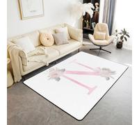 Artistic Alphabet Kids Area Rug,Letter N Watercolor Flower Plant Indoor Floor Mat Entrance Rug for Girls Boys,Floral Romantic Dreamy Non Slip Rug,Pink White Couch Living Room Decor,3'x5'