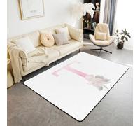 Artistic Alphabet Kids Area Rug,Letter T Watercolor Flower Plant Indoor Floor Mat Entrance Rug for Girls Boys,Floral Romantic Dreamy Non Slip Rug,Pink White Couch Living Room Decor,3'x5'