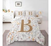 Artistic Alphabet Kids Comforter Set Double Size,Letter B Flower Plant Bedding Set,Girls Boys Room Decor,Floral Romantic Vintage Quilt Comforter,Gray Yellow Duvet Set Bedroom Quilt Set,2 Pillowcases