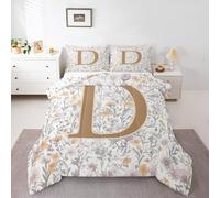 Artistic Alphabet Kids Comforter Set Double Size,Letter D Flower Plant Bedding Set,Girls Boys Room Decor,Floral Romantic Vintage Quilt Comforter,Gray Yellow Duvet Set Bedroom Quilt Set,2 Pillowcases
