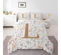 Artistic Alphabet Kids Comforter Set Double Size,Letter L Flower Plant Bedding Set,Girls Boys Room Decor,Floral Romantic Vintage Quilt Comforter,Gray Yellow Duvet Set Bedroom Quilt Set,2 Pillowcases