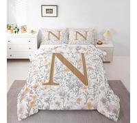 Artistic Alphabet Kids Comforter Set Double Size,Letter N Flower Plant Bedding Set,Girls Boys Room Decor,Floral Romantic Vintage Quilt Comforter,Gray Yellow Duvet Set Bedroom Quilt Set,2 Pillowcases