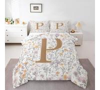 Artistic Alphabet Kids Comforter Set Double Size,Letter P Flower Plant Bedding Set,Girls Boys Room Decor,Floral Romantic Vintage Quilt Comforter,Gray Yellow Duvet Set Bedroom Quilt Set,2 Pillowcases