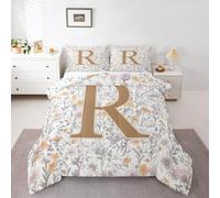 Artistic Alphabet Kids Comforter Set Double Size,Letter R Flower Plant Bedding Set,Girls Boys Room Decor,Floral Romantic Vintage Quilt Comforter,Gray Yellow Duvet Set Bedroom Quilt Set,2 Pillowcases