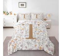 Artistic Alphabet Kids Comforter Set Double Size,Letter T Flower Plant Bedding Set,Girls Boys Room Decor,Floral Romantic Vintage Quilt Comforter,Gray Yellow Duvet Set Bedroom Quilt Set,2 Pillowcases