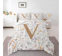 Artistic Alphabet Kids Comforter Set Double Size,Letter V Flower Plant Bedding Set,Girls Boys Room Decor,Floral Romantic Vintage Quilt Comforter,Gray Yellow Duvet Set Bedroom Quilt Set,2 Pillowcases