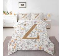 Artistic Alphabet Kids Comforter Set Double Size,Letter Z Flower Plant Bedding Set,Girls Boys Room Decor,Floral Romantic Vintage Quilt Comforter,Gray Yellow Duvet Set Bedroom Quilt Set,2 Pillowcases