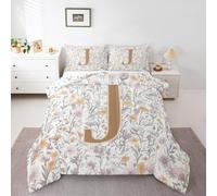 Artistic Alphabet Kids Comforter Set Single Size,Letter J Flower Plant Bedding Set Boys Girls Room Decor,Floral Romantic Vintage Quilt Comforter,Gray Yellow Duvet Set Bedroom Quilt Set,1 Pillowcase