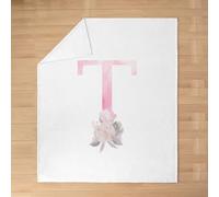 Artistic Alphabet Kids Flannel Blanket,Letter T Watercolor Flower Plant Bed Blanket,Floral Romantic Dreamy Girls Boys Sofa Decor,Pink White Fuzzy Blanket,Baby Size (30 x 39 Inches)