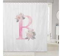 Artistic Alphabet Kids Shower Curtains,Letter B Watercolor Flower Plant Bathroom Curtain,Floral Romantic Dreamy Home Decor,Pink White Waterproof Curtains,12 Hooks Suits,72"W x 84"L