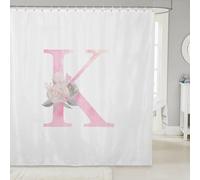 Artistic Alphabet Kids Shower Curtains,Letter K Watercolor Flower Plant Bathroom Curtain,Floral Romantic Dreamy Home Decor,Pink White Waterproof Curtains,12 Hooks Suits,72"W x 84"L