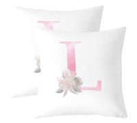 Artistic Alphabet Kids Throw Pillow Cover,Letter L Watercolor Flower Plant Double Sides Pillow Case,Floral Romantic Dreamy Home Decor,Pink White Bed Couch Sofa Cushion Cover,2 Pack 16"x16"