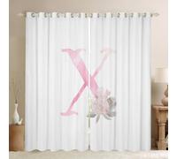 Artistic Alphabet Nursery Bedroom Playroom Decor,Letter X Watercolor Flower Plant Window Drapes,Floral Romantic Dreamy Boys Girls Room Decor,Pink White 2 Panels,66Wx90L inch